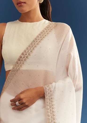 White Crushed Tissue Cutdana Embroidered Saree