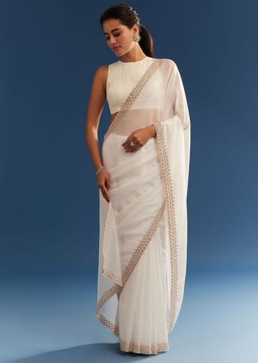 White Crushed Tissue Cutdana Embroidered Saree