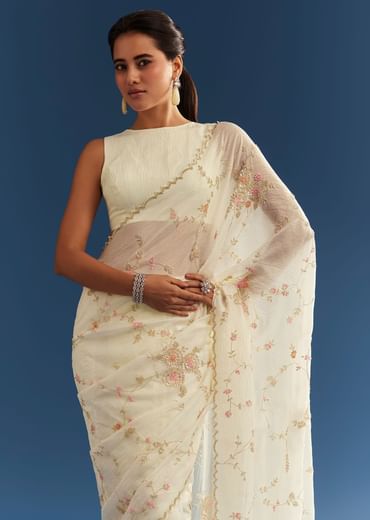 White Crushed Tissue Floral Embroidered Saree