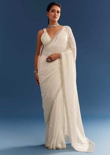White Georgette Chikankari Embroidered Saree