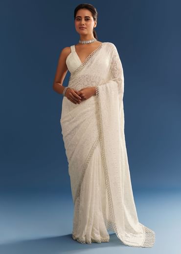 White Georgette Chikankari Embroidered Saree