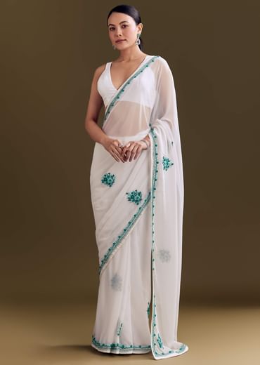 White Georgette Saree With Traditional Kashmiri Buds