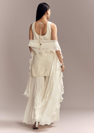 White Georgette Sharara Suit With Intricate Embroidery