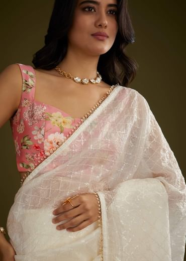 White Glass Tissue Embroidered Saree With Contrast Blouse