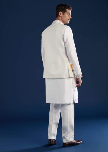 White Hand Painted Silk Jacket Kurta Set with Cutdana Work