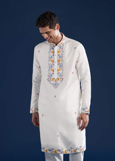 White Hand Painted Silk Jacket Kurta Set with Cutdana Work