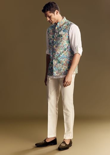 White Linen Jacket and Shirt With Multicolor Kantha Detailing