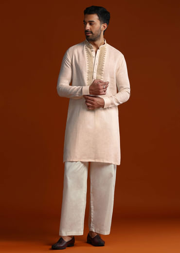 White Linen Kurta Set For Men With Intricate Thread Work