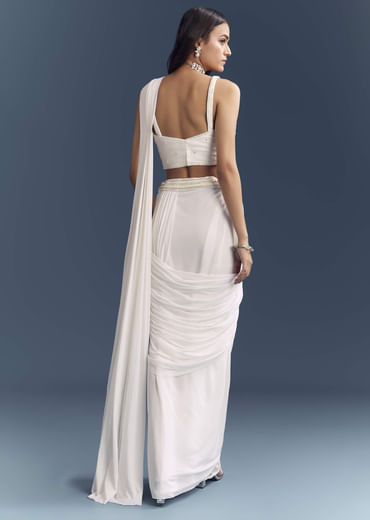 White Lycra Ready Pleated Saree With Intricate Hand Embroidery