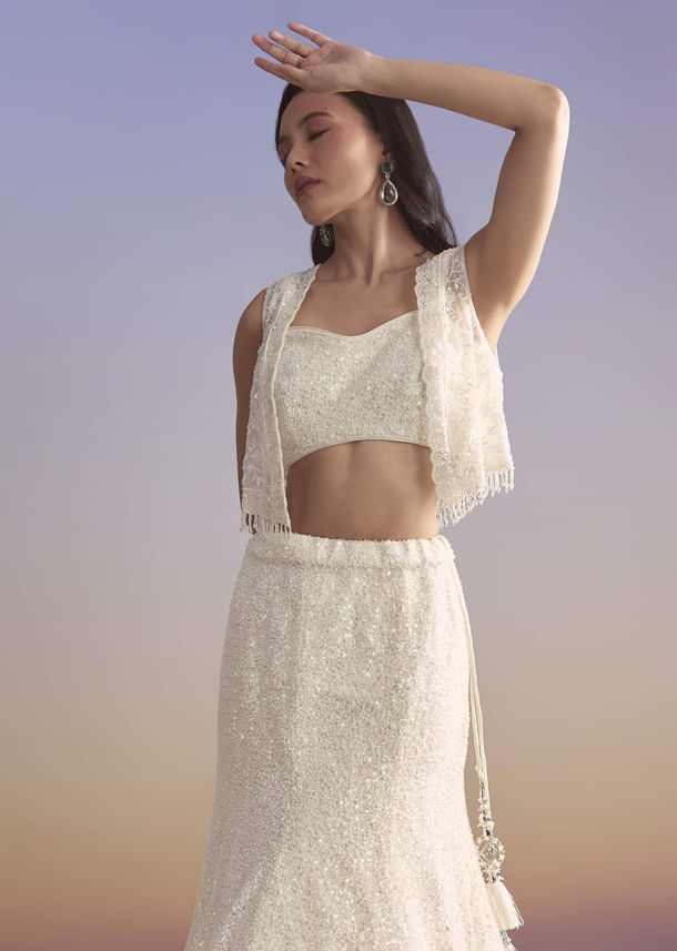 White Net Bridesmaid Lehenga With Sequins Work And Embellished Jacket