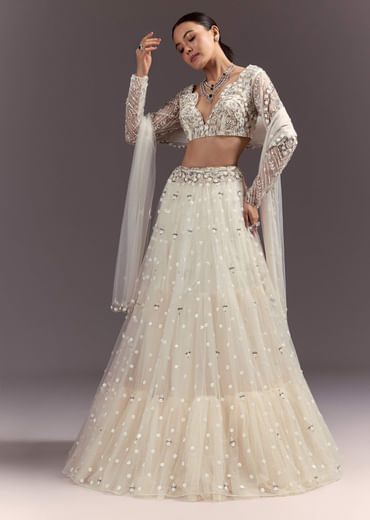 White Net Lehenga Set With Embellished Blouse And Dupatta