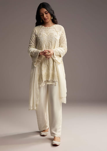 White Organza Kurta Set With Moti Work