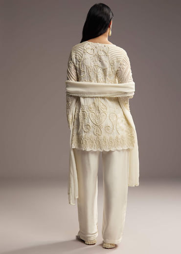White Organza Kurta Set With Moti Work