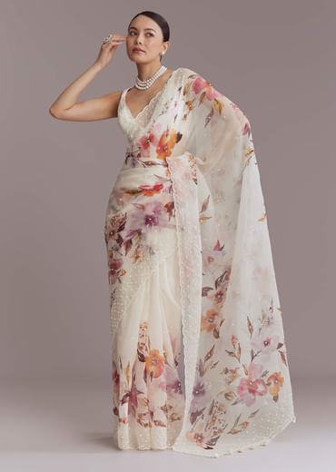 White Organza Printed Saree With Bead Embroidery