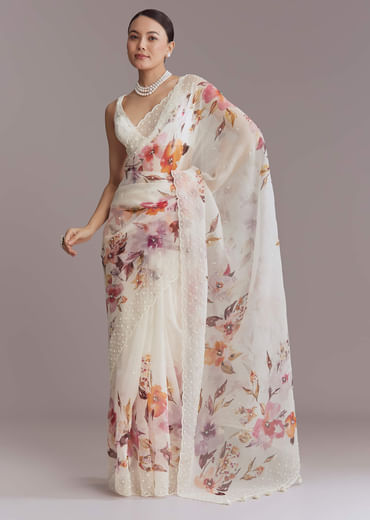 White Organza Printed Saree With Bead Embroidery