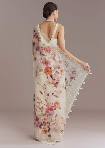 White Organza Printed Saree With Bead Embroidery
