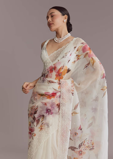 White Organza Printed Saree With Bead Embroidery