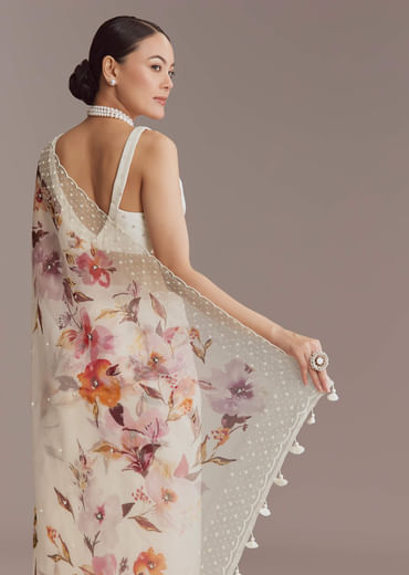 White Organza Printed Saree With Bead Embroidery