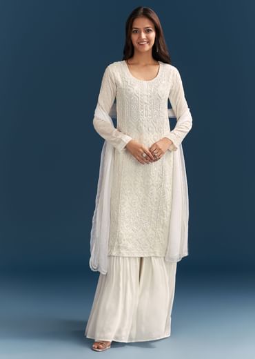 White Pakistani Sharara Suit With Sequin Details And Dupatta