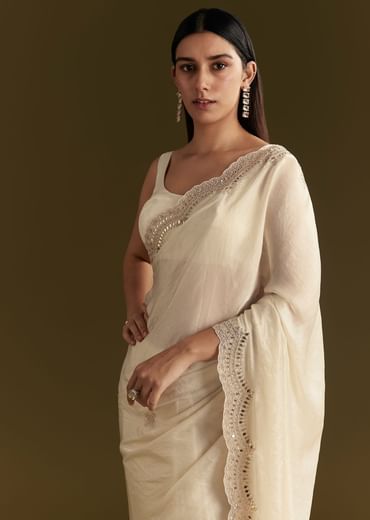 White Satin Embroidered Saree With Gota Patti Work