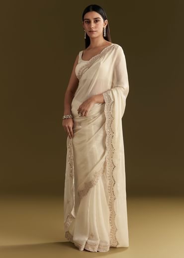 White Satin Embroidered Saree With Gota Patti Work
