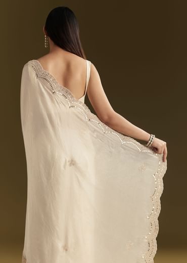 White Satin Embroidered Saree With Gota Patti Work