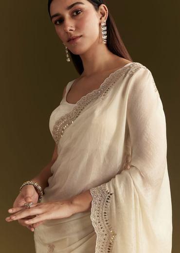 White Satin Embroidered Saree With Gota Patti Work