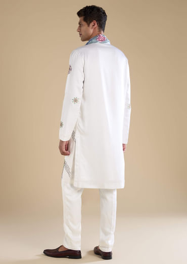 White Silk Blend Mens Kurta Set with Bandhani Dupatta