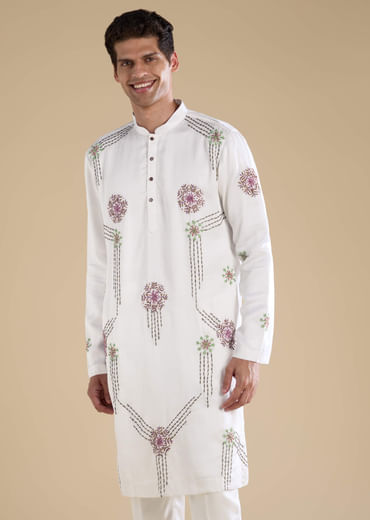 White Silk Blend Mens Kurta Set with Bandhani Dupatta