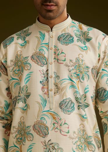White Silk Kurta Set With Surreal Nature Prints