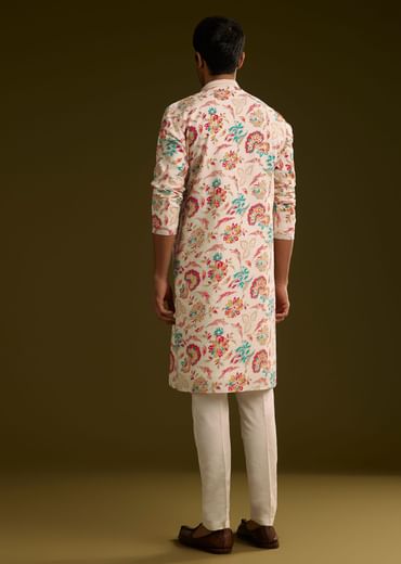 White Silk Surreal Nature Motif Kurta Set