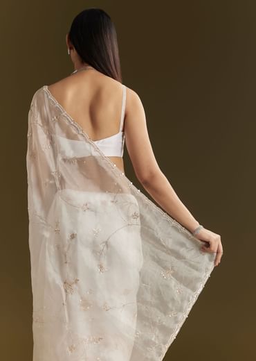White Tissue Embroidered Saree With Scallop Border