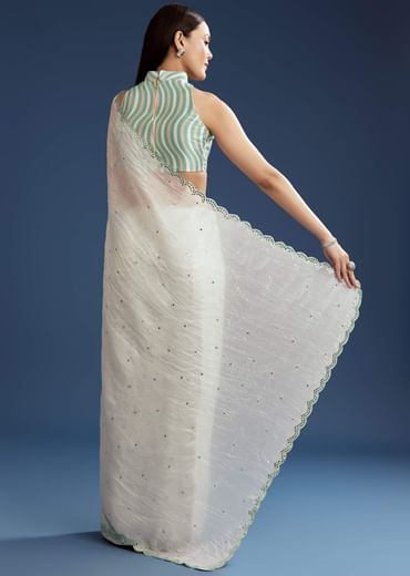 White Tissue Saree With Contrast Border