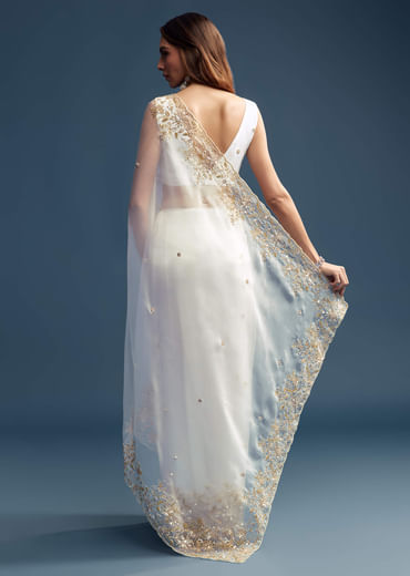 White Tissue Saree With Floral Cutdana Embroidery