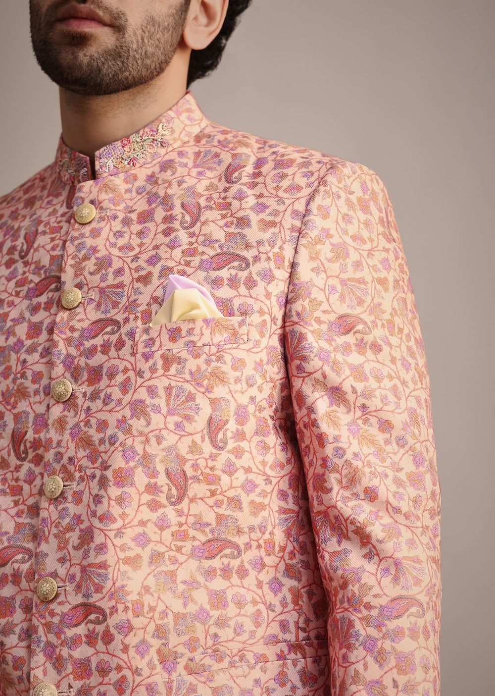 White And Cream Printed Silk Jodhpuri Suit
