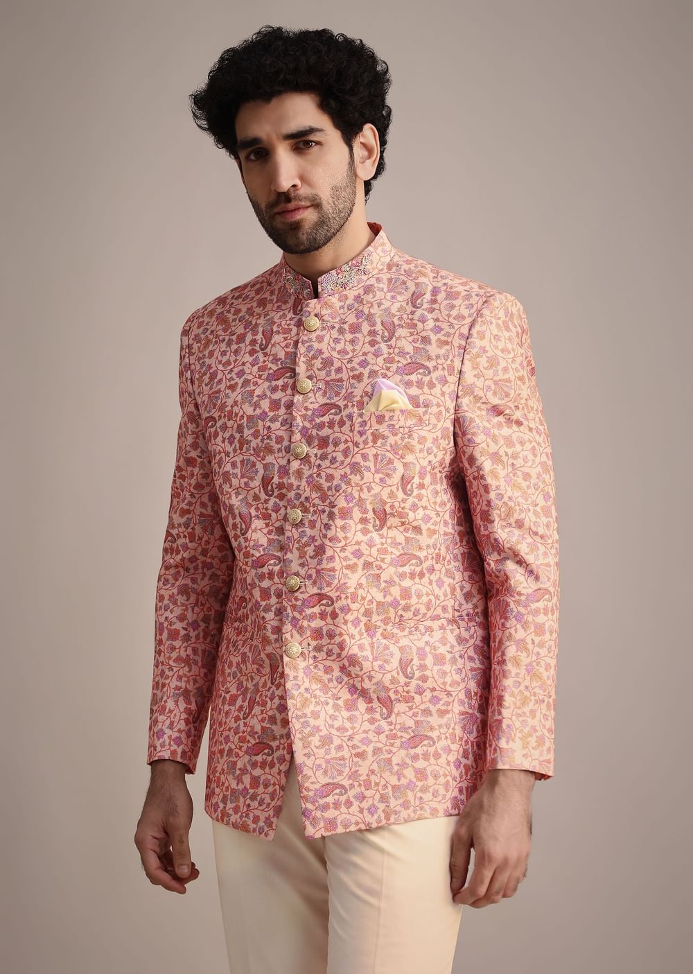 White And Cream Printed Silk Jodhpuri Suit