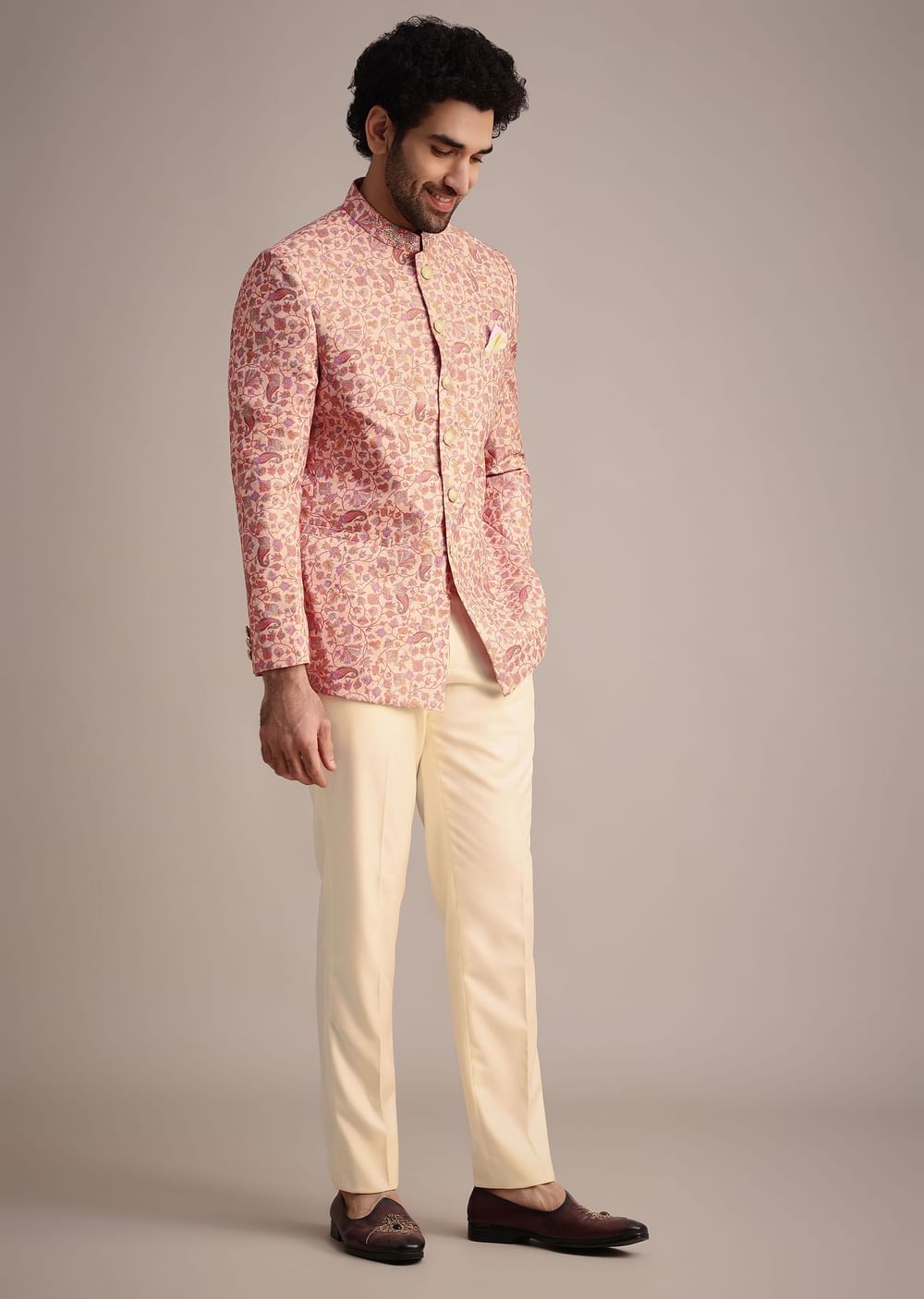 White And Cream Printed Silk Jodhpuri Suit