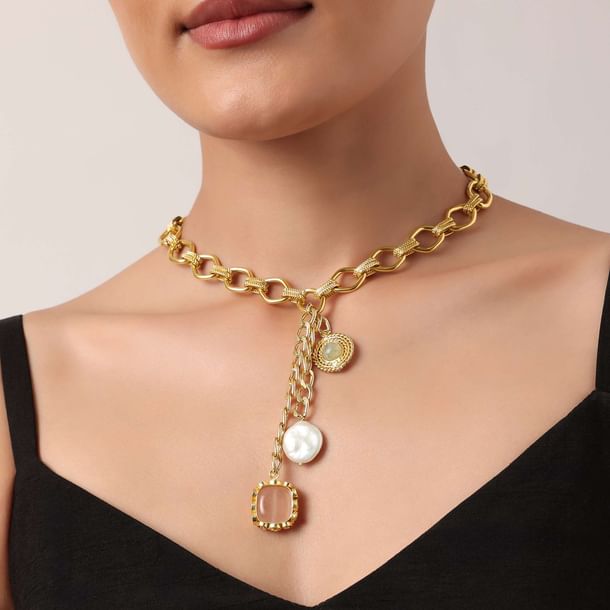 White And Gold Finish Pendant Short Necklace With Pearls White And Gold Finish Pendant Short Necklace With Pearls