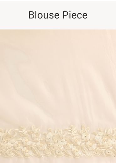 White Satin Saree With Floral Motif Thread Work And Unstitched Blouse Piece