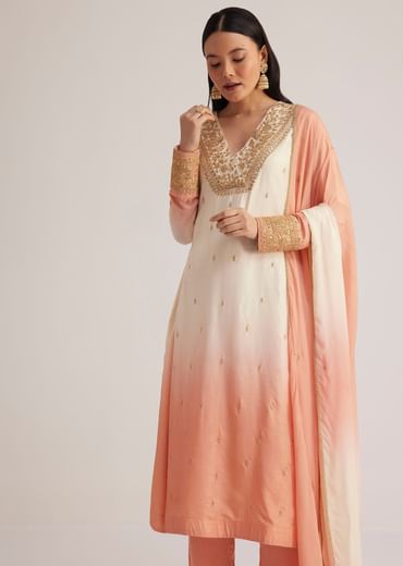 White and Peach Ombre Embroidered Suit