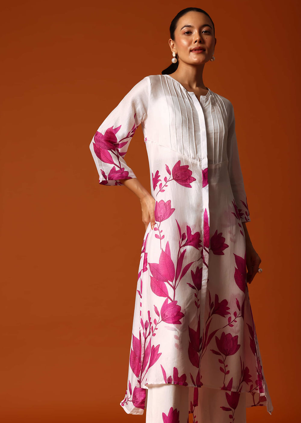 White And Pink Floral Printed Crop Top And Palazzo Set