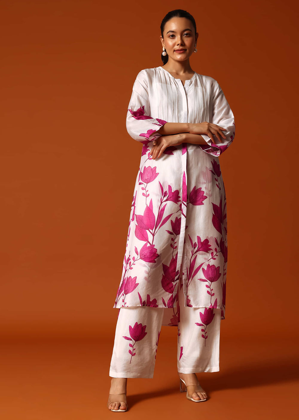 White And Pink Floral Printed Crop Top And Palazzo Set