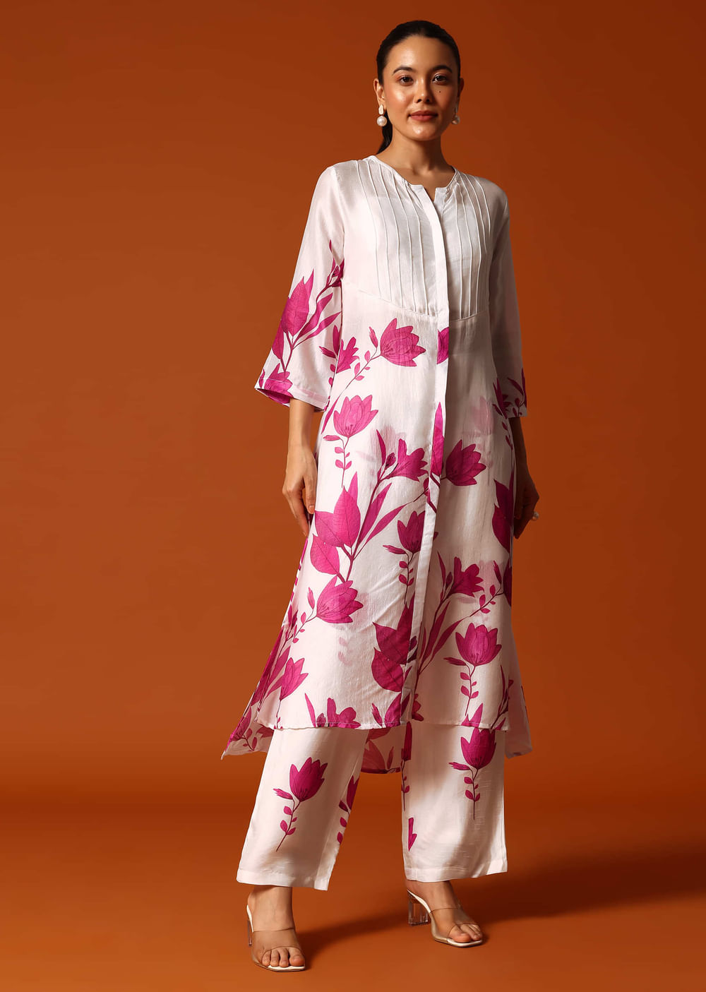 White And Pink Floral Printed Crop Top And Palazzo Set