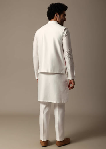 White And Pink Pintuck Kurta Jacket Set For Men