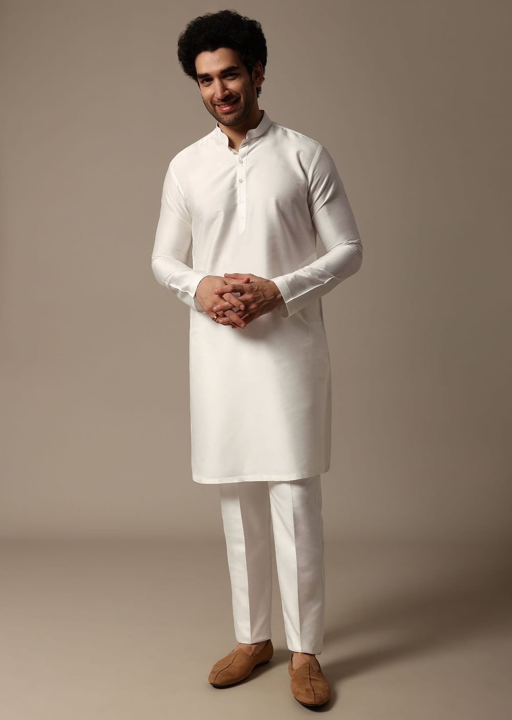 White And Pink Pintuck Kurta Jacket Set For Men