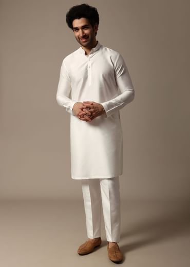 White And Pink Pintuck Kurta Jacket Set For Men