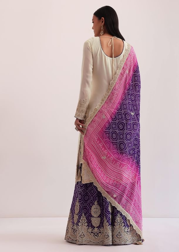 White And Purple Palazzo Set With Pink Dupatta