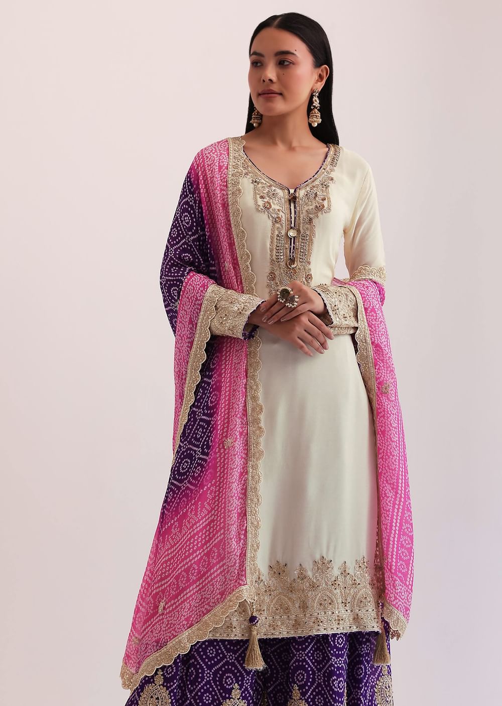 White And Purple Palazzo Set With Pink Dupatta
