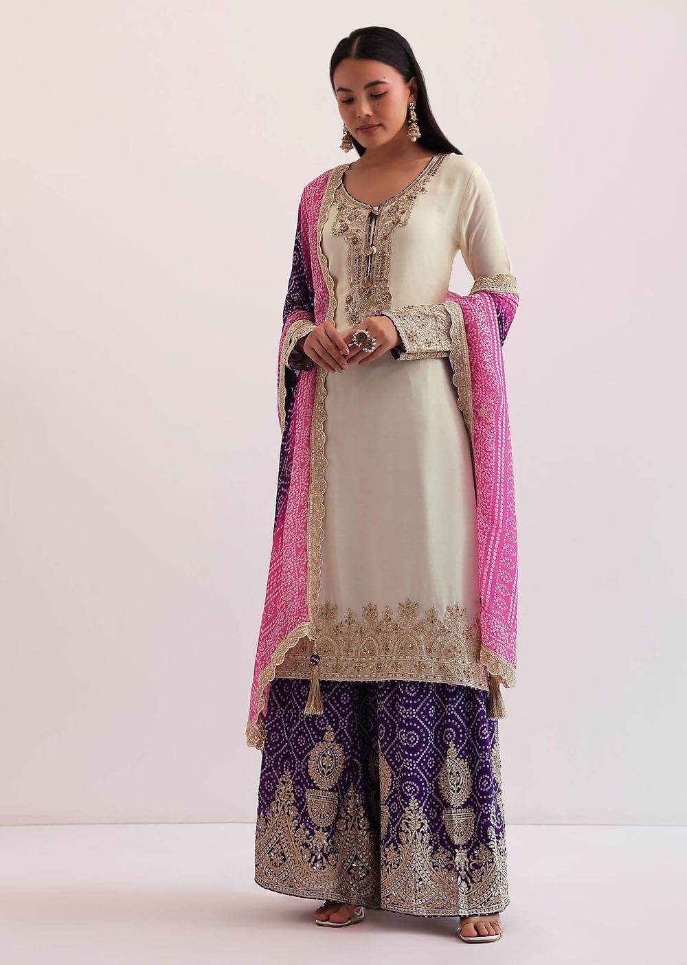 White And Purple Palazzo Set With Pink Dupatta