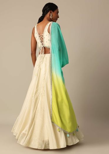 White Chanderi Handloom Lehenga Set With Mirror Work